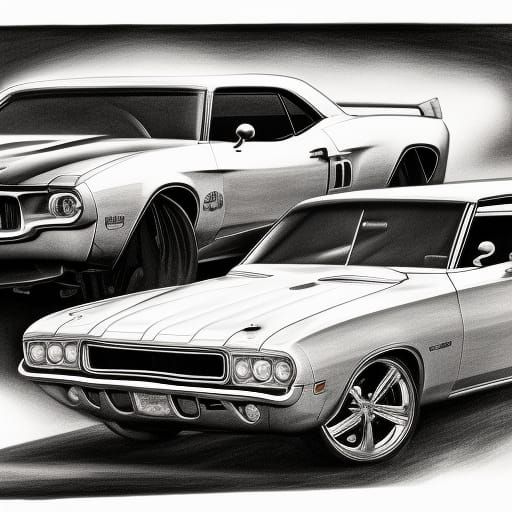Hyperdetailed Charcoal Drawing of American Muscle Cars