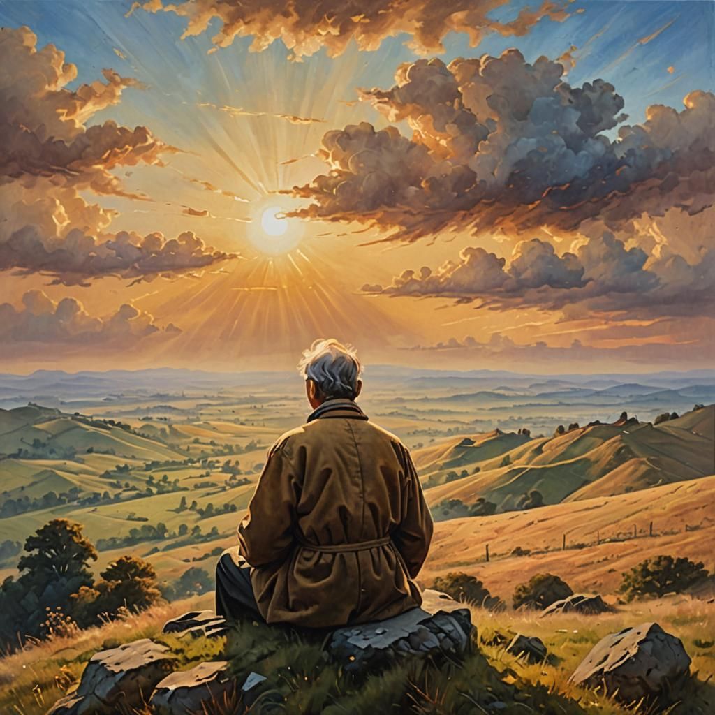 Man Watching Sunrise in Ethereal Oil Painting