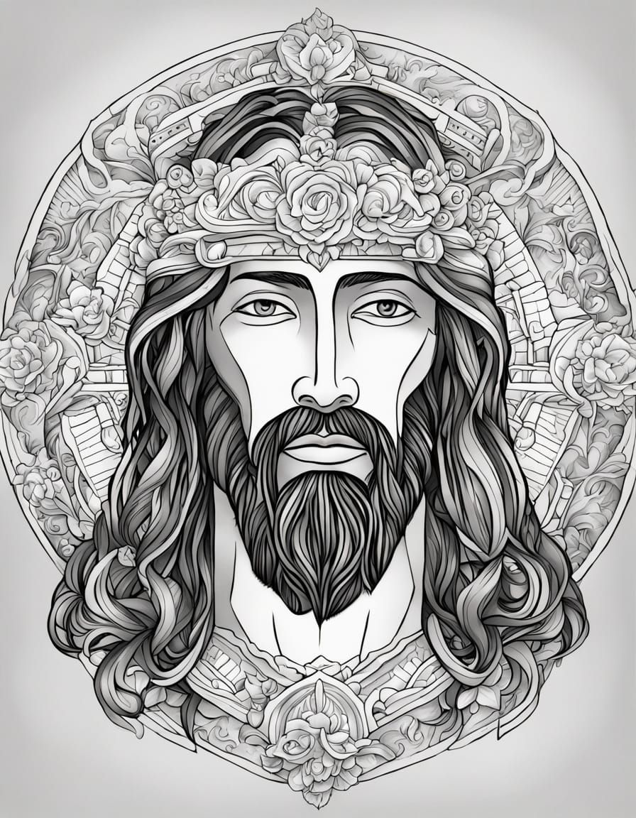 Surreal Line Art Portrait of Jesus Christ in Grayscale
