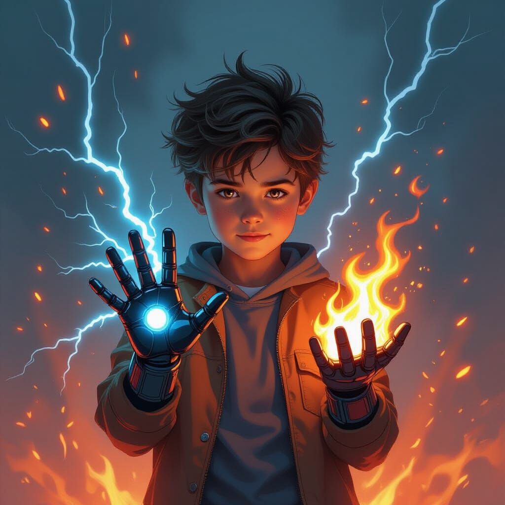Boy with Electric and Fire Hands in Comic-Book Style