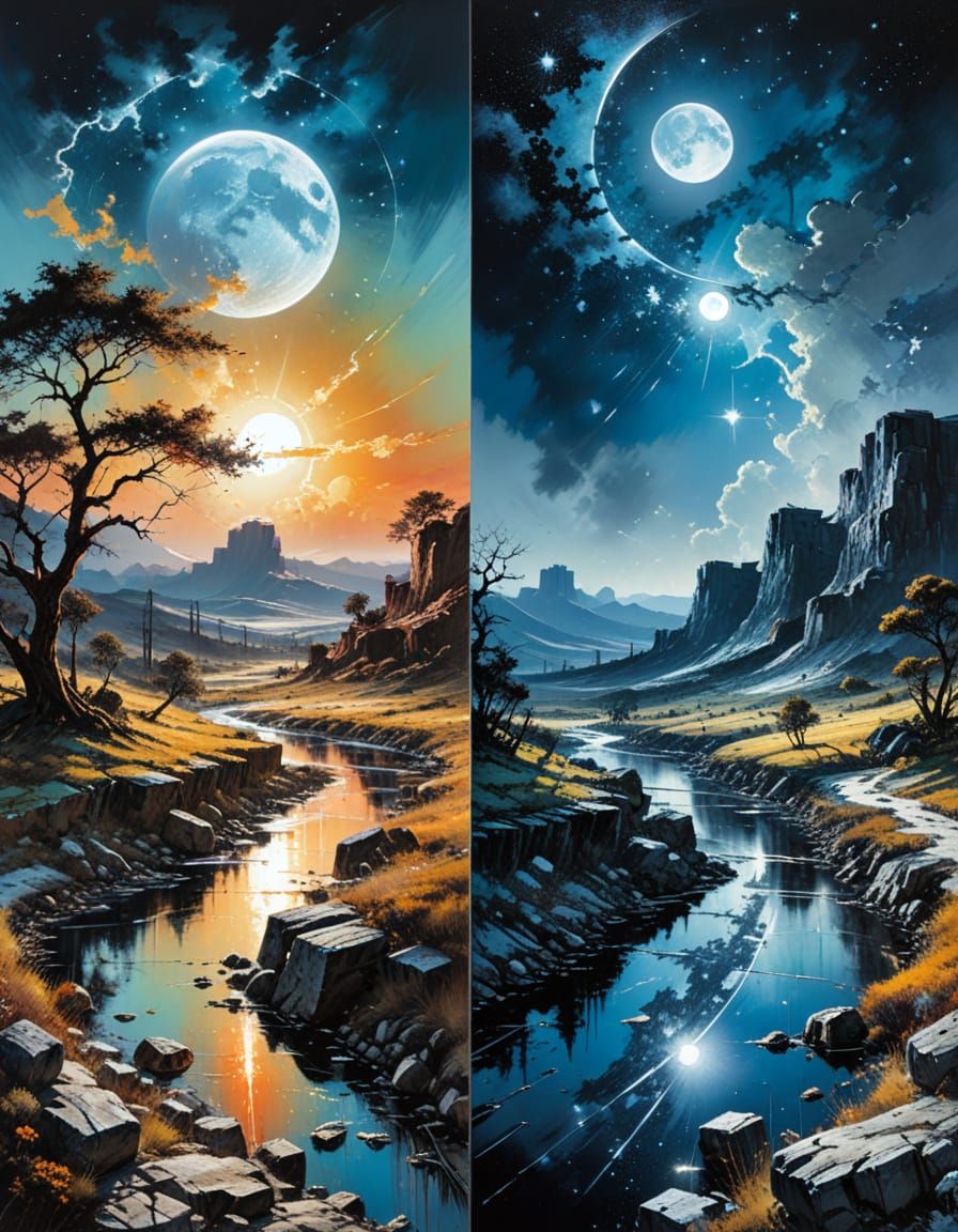 Day and Night Landscape in Abstract Style
