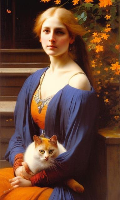 Woman with Cat in Pre-Raphaelite Style