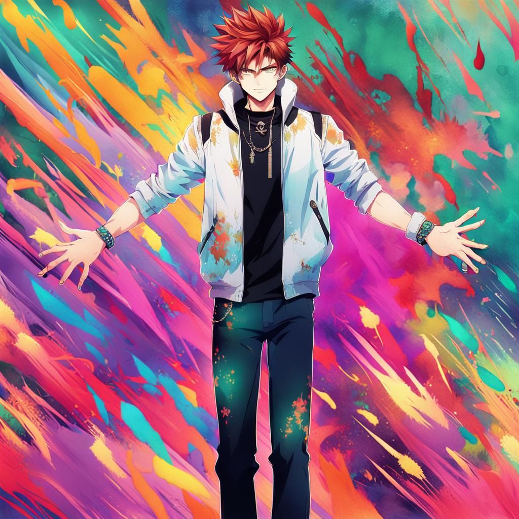 Heroic Anime Man with Spiky Hair, Digital Painting
