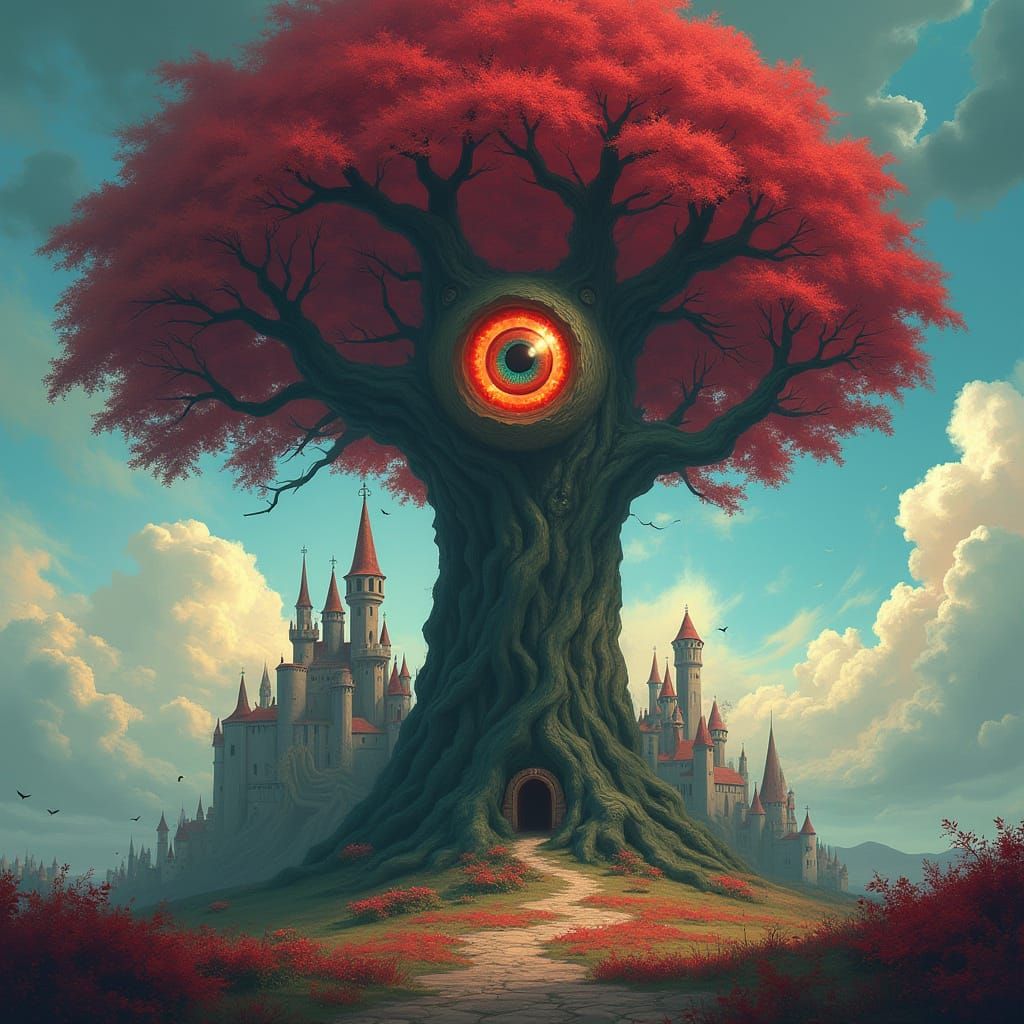 Surreal Tree with Eye and Red Foliage