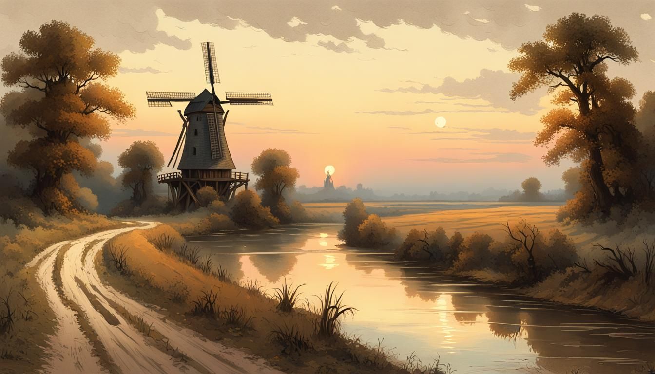 Medieval Windmill Landscape in Doré Style