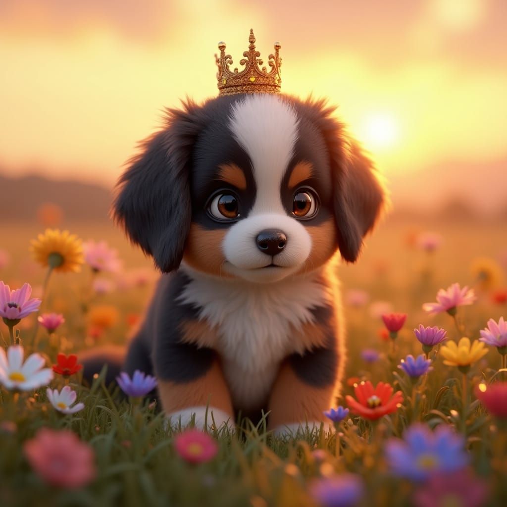 Fluffy Bernersennenhund Puppy in Vibrant Wildflower Field