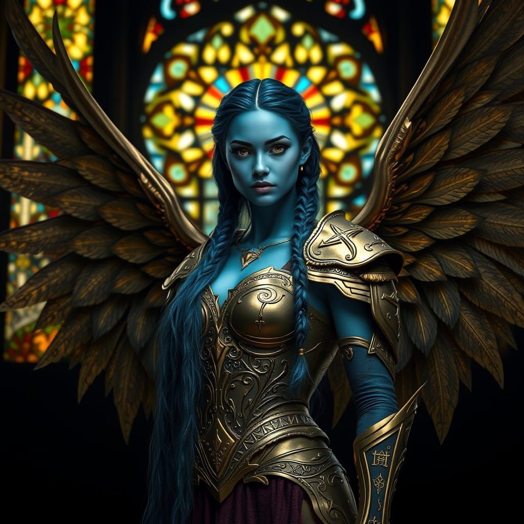 Mystical Fantasy Woman with Golden Wings and Armor