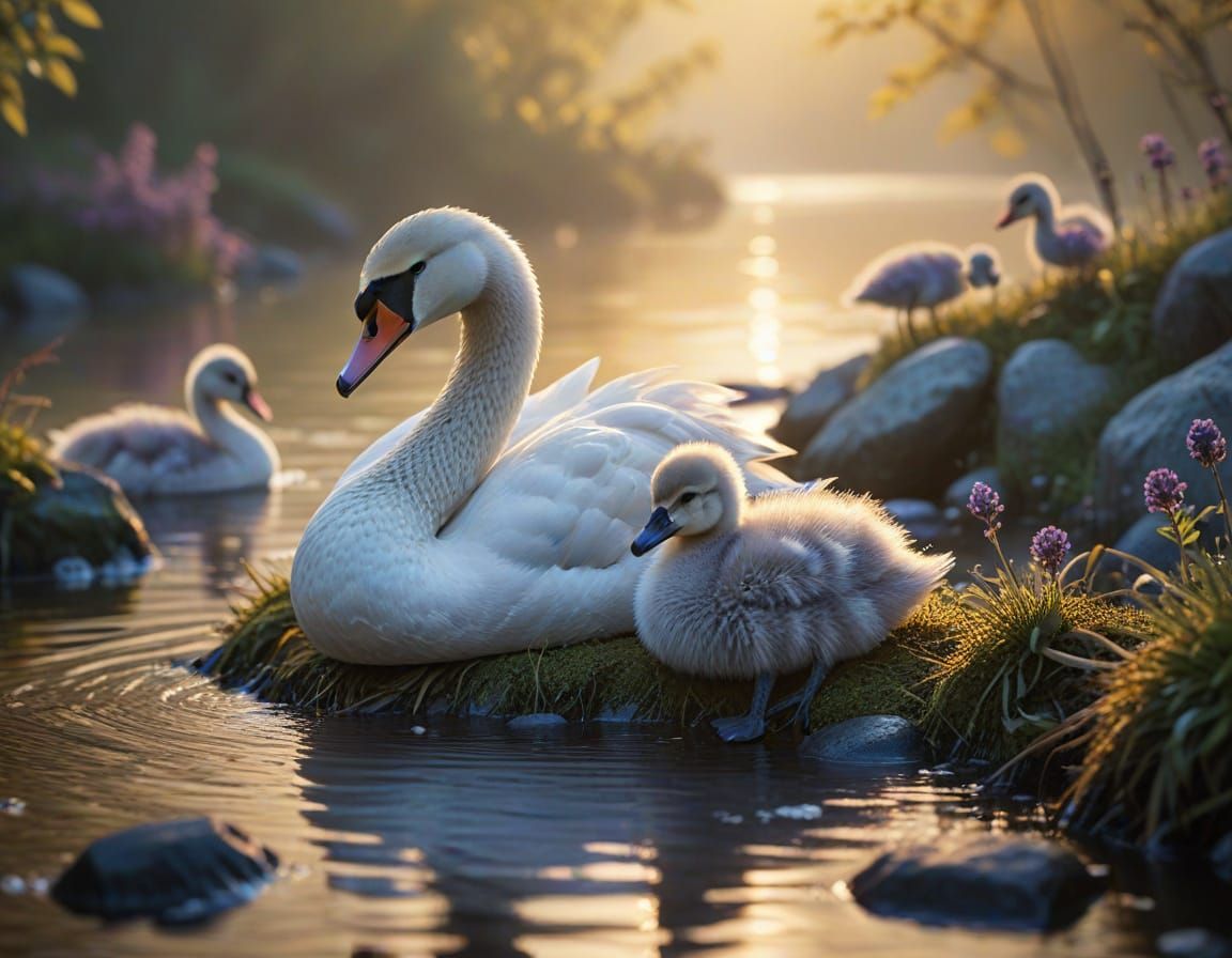 Baby Swans on Parent's Back in Golden Sunset Light