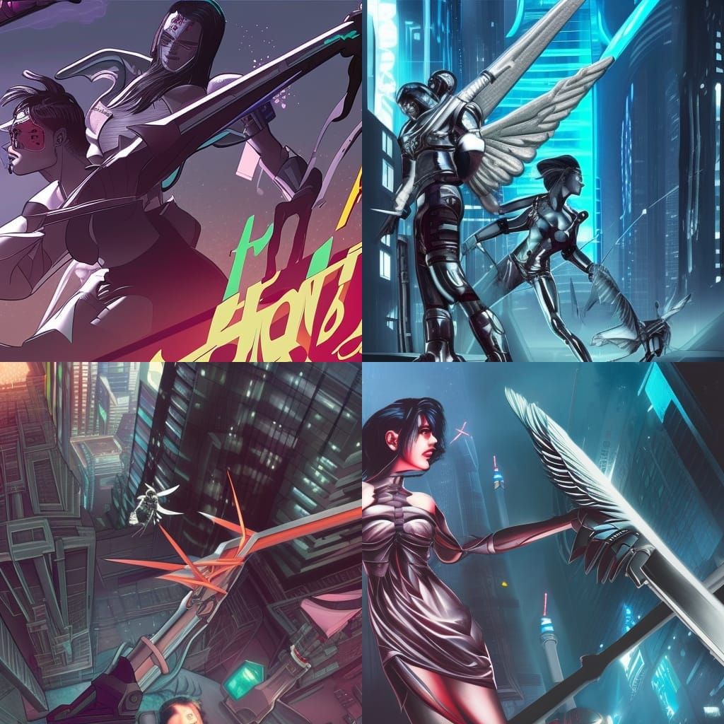 cyberpunk angel sword fights futuristic devil in sci-fi city