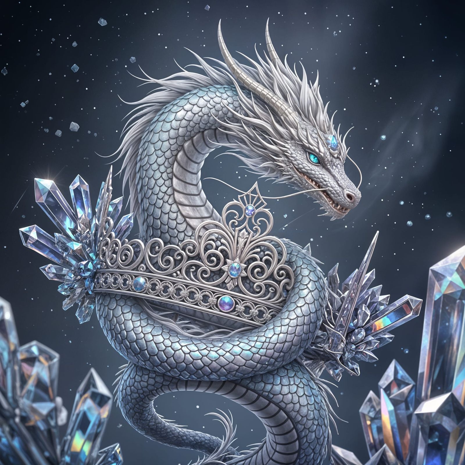 Iridescent Pearl Dragon Guarding a Crown