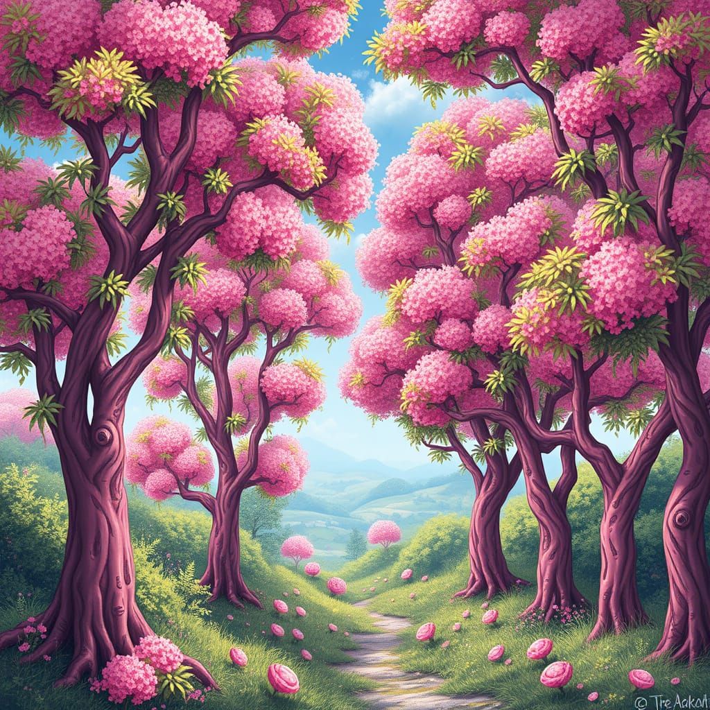 Dreamy Pink Trees Landscape in Animated Fantasy Style
