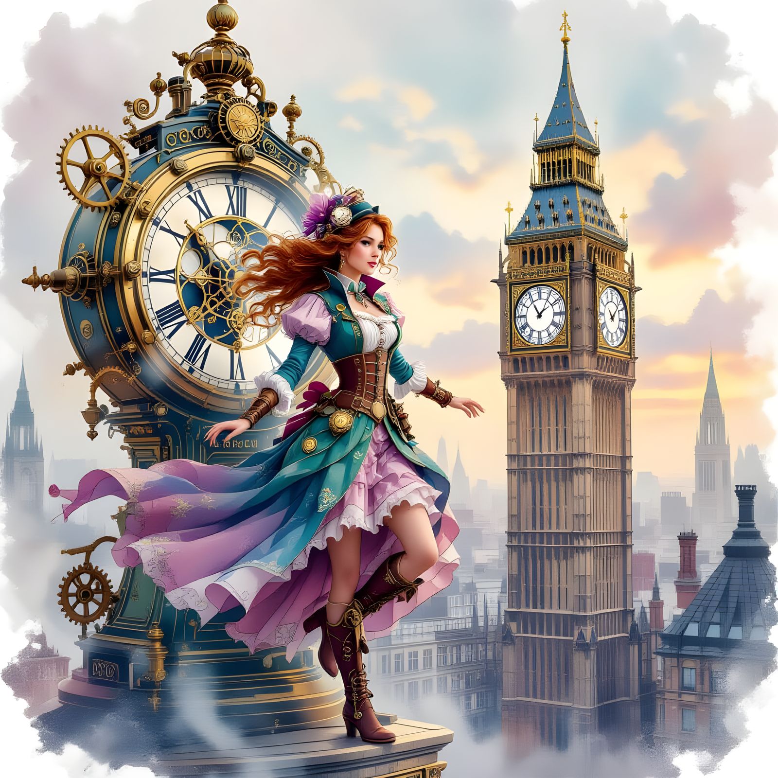 Steampunk Time Voyager in Watercolor Style