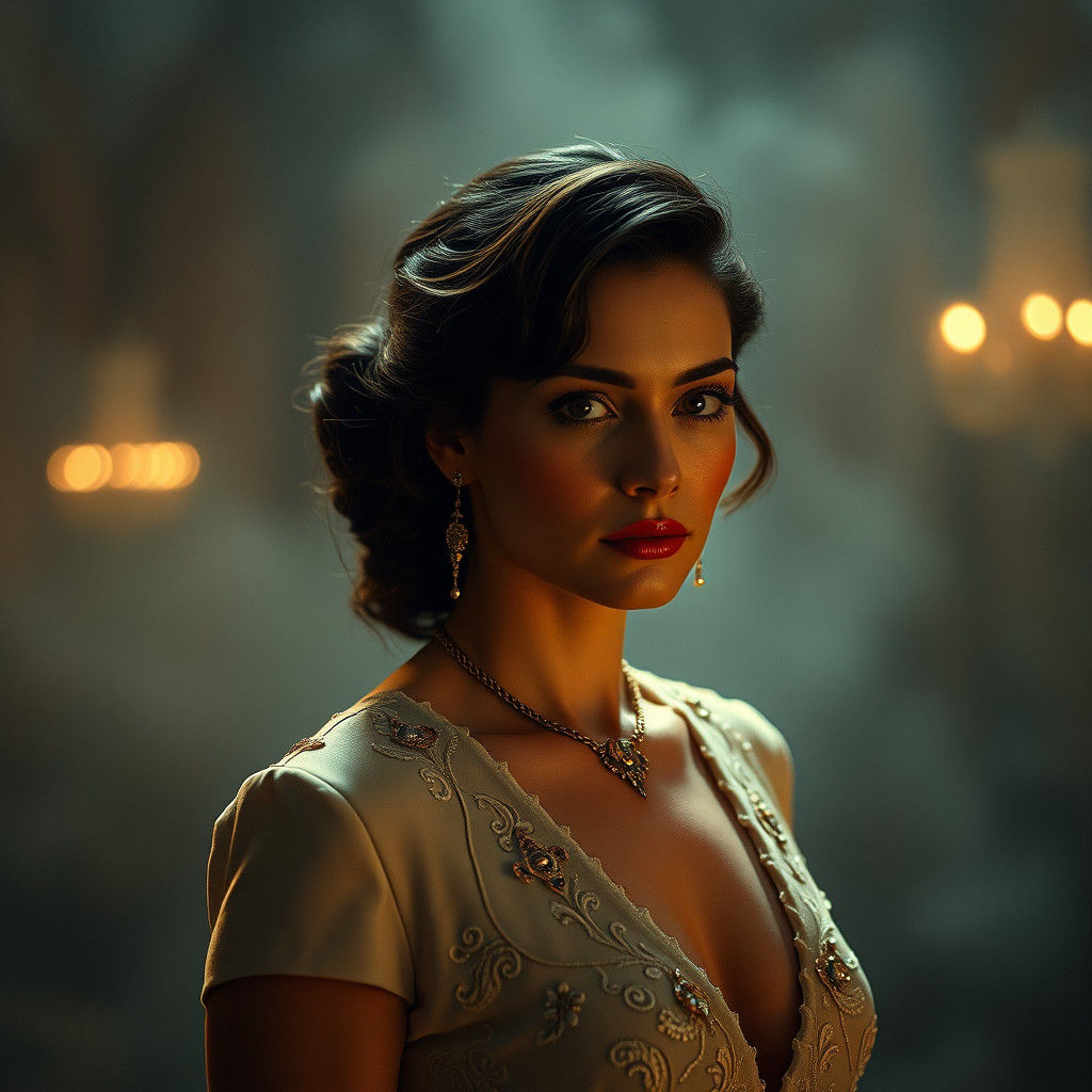 Cinematic Portrait of Elegant Woman in Atmospheric Setting