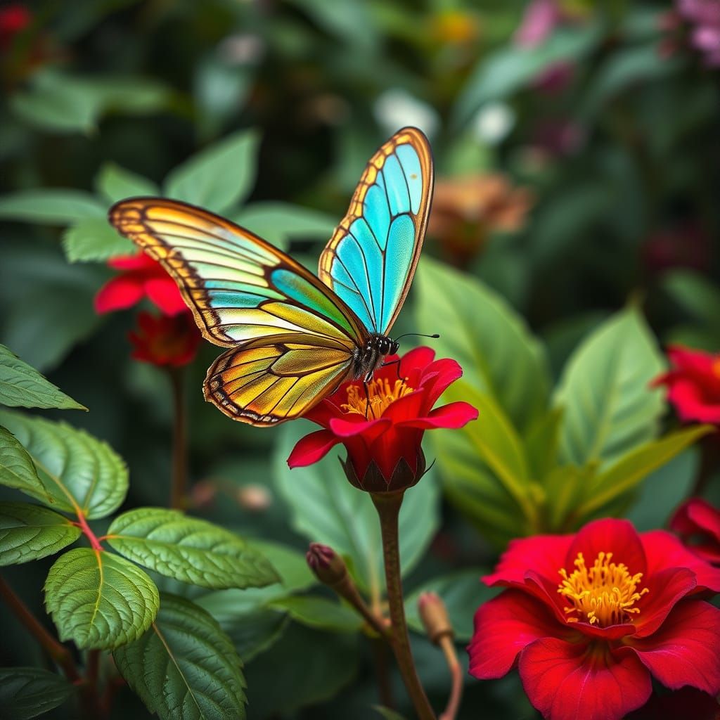 Delicate Butterfly Perches on Crimson Flower in 18th-Century...