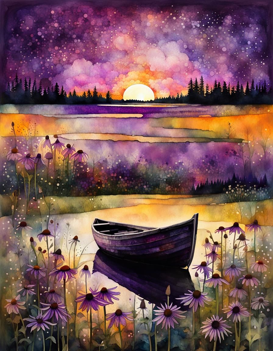 Boat Sailing Through Purple Coneflowers Watercolor Illustrat...