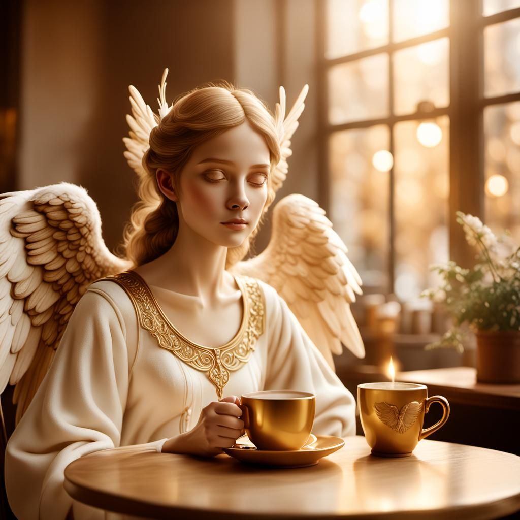 Angel Sipping Coffee in Cozy Cafe