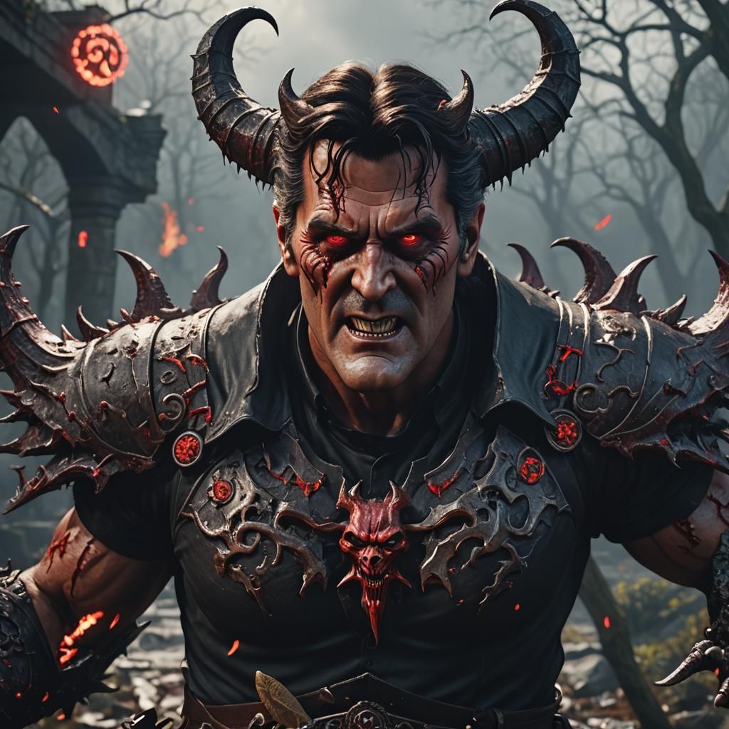 Bruce Campbell as Satan in 3D Cinematic Style