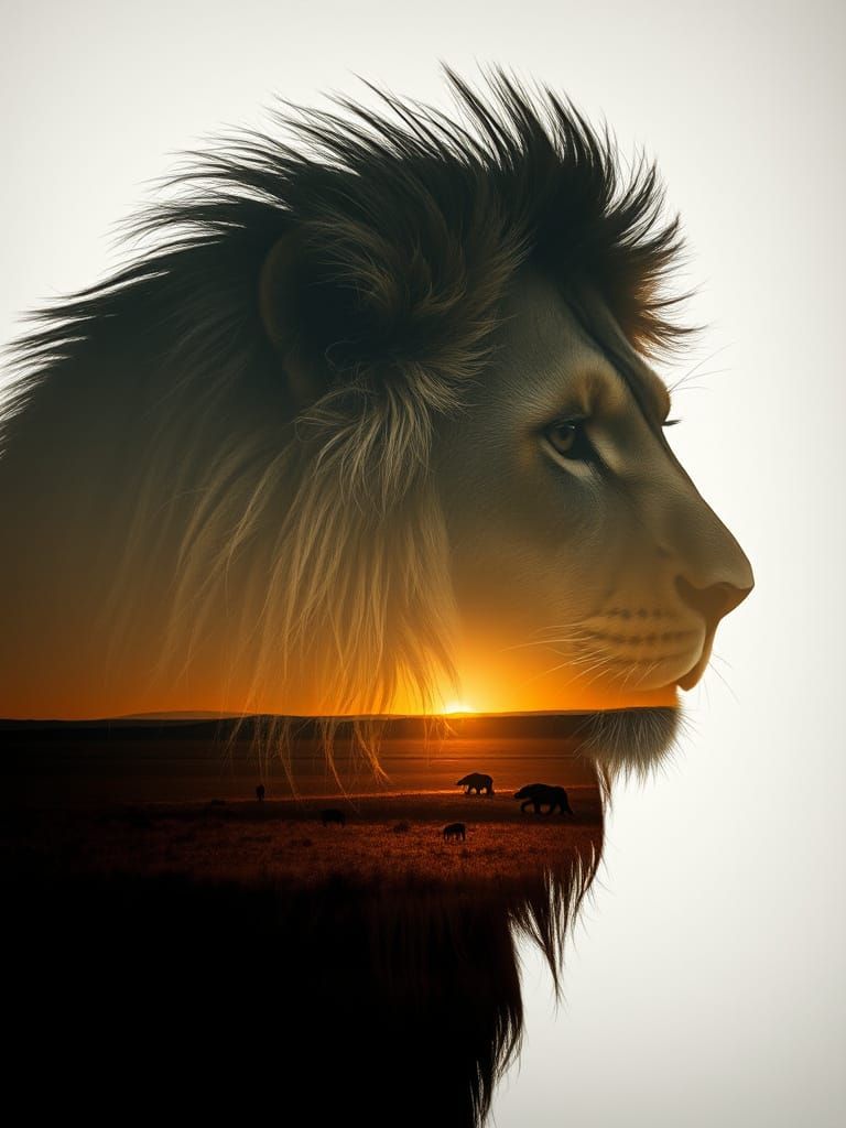 Lion Silhouette Double Exposure: African Plains
