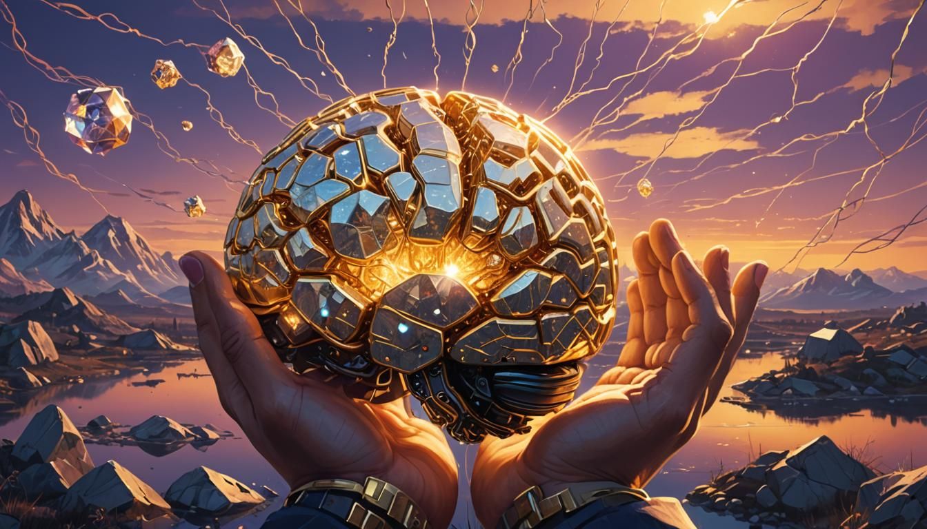 Golden Brain Held at Sunset: Surreal Concept Art