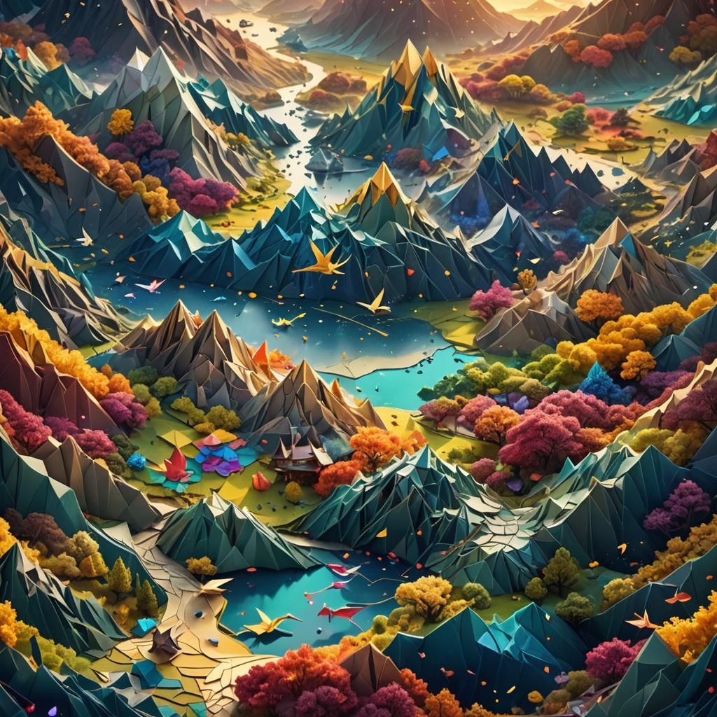 Origami Universe with Four Seasons: Fantasy Concept Art