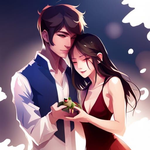 Man Gives Frog to Blushing Woman: Detailed Digital Art