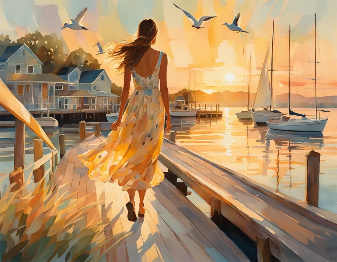 Sunrise Harbor Walk: Whimsical Cubist Illustration