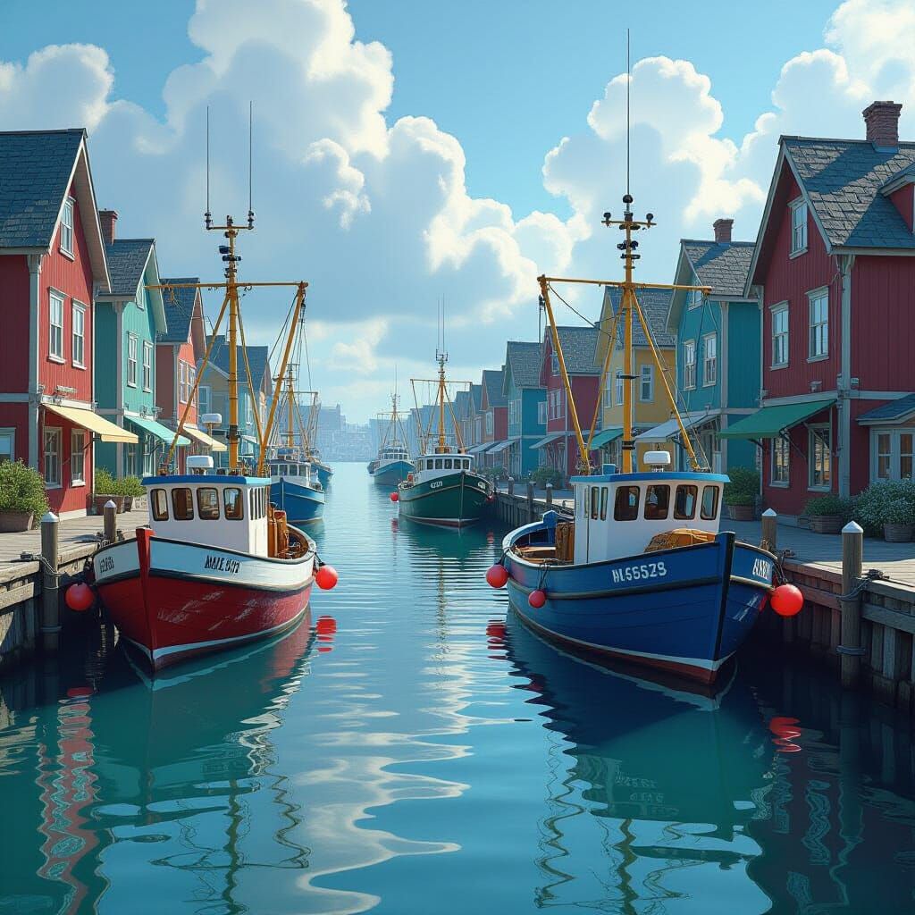 Fishing Boats in Harbor: Matte Painting Style