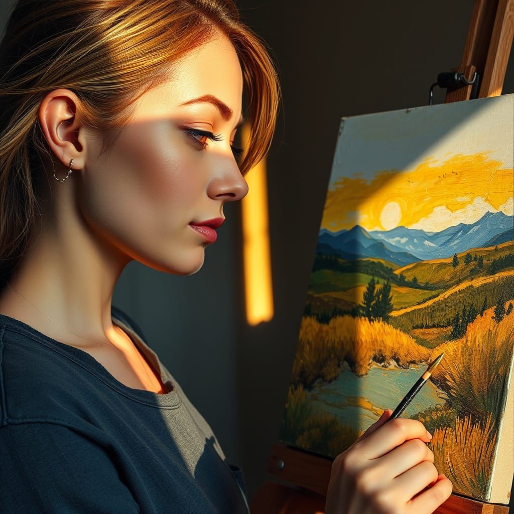 Woman Painting Landscape in Russian Romantic Realism Style