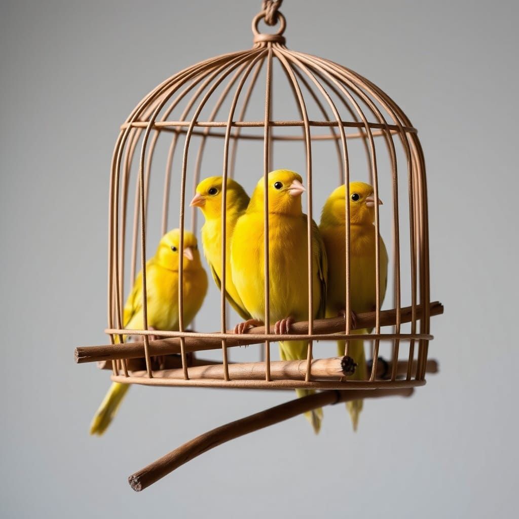 Wooden Birdcage With 5 Golden Canaries