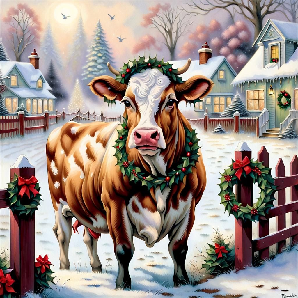 Jersey Cow with Christmas Wreath in Fantasy Style