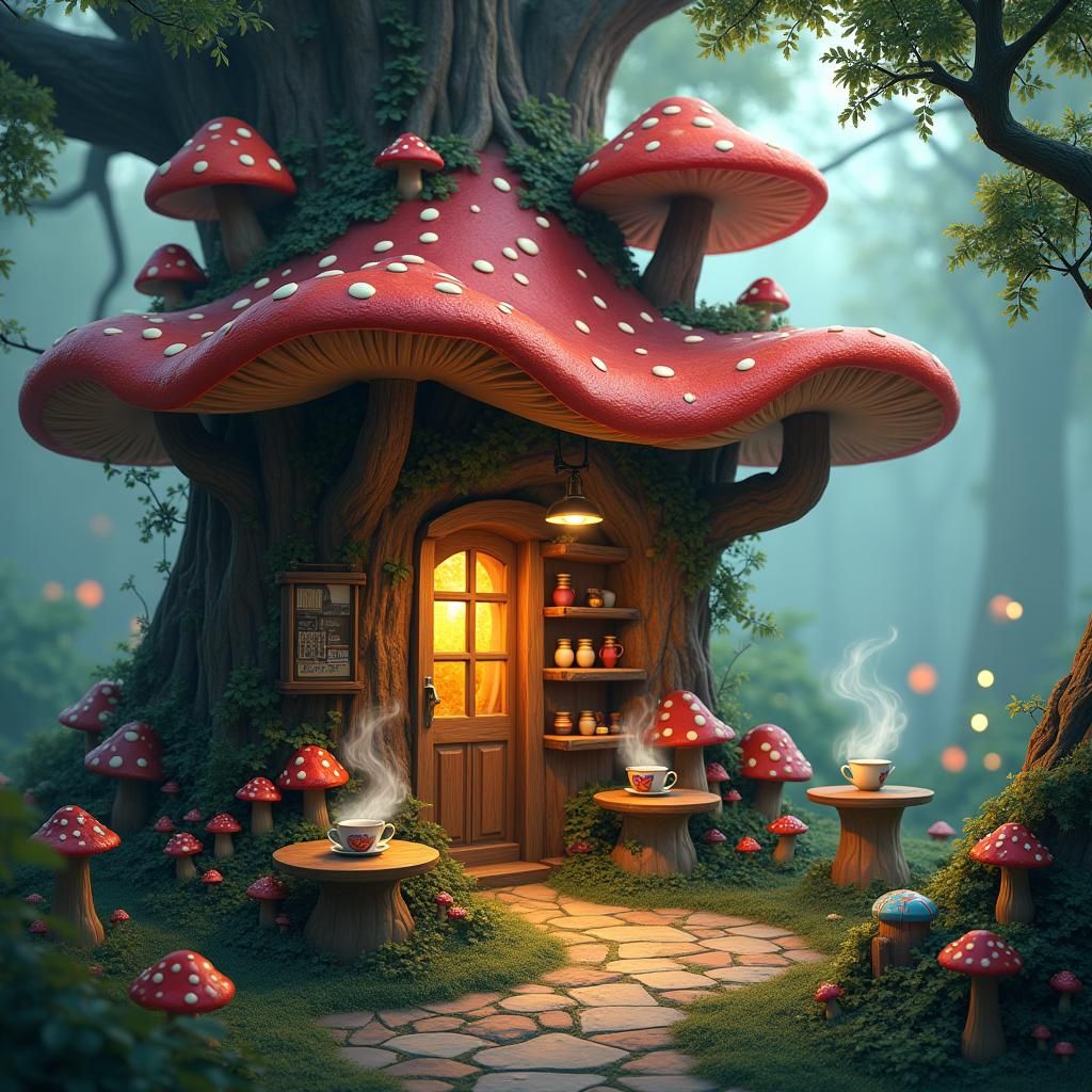 Whimsical Mushroom Cafe in Mystical Forest: Matte Painting