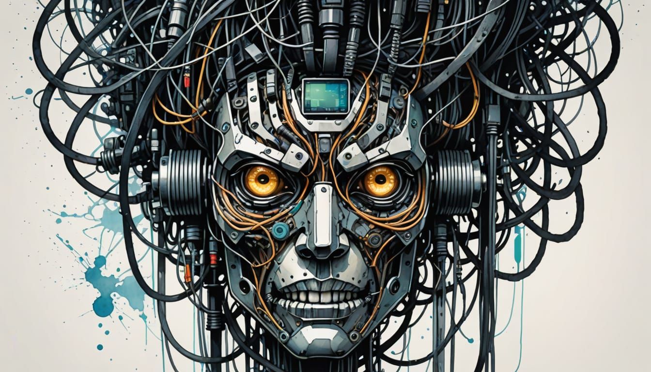 Cyberpunk Robot Face Emerges from Tangled Cables