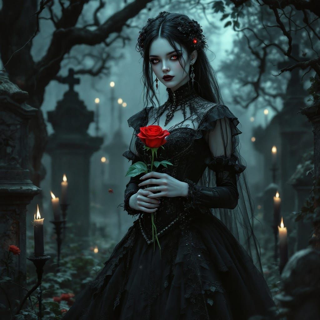 Gothic Woman in Midnight Cemetery