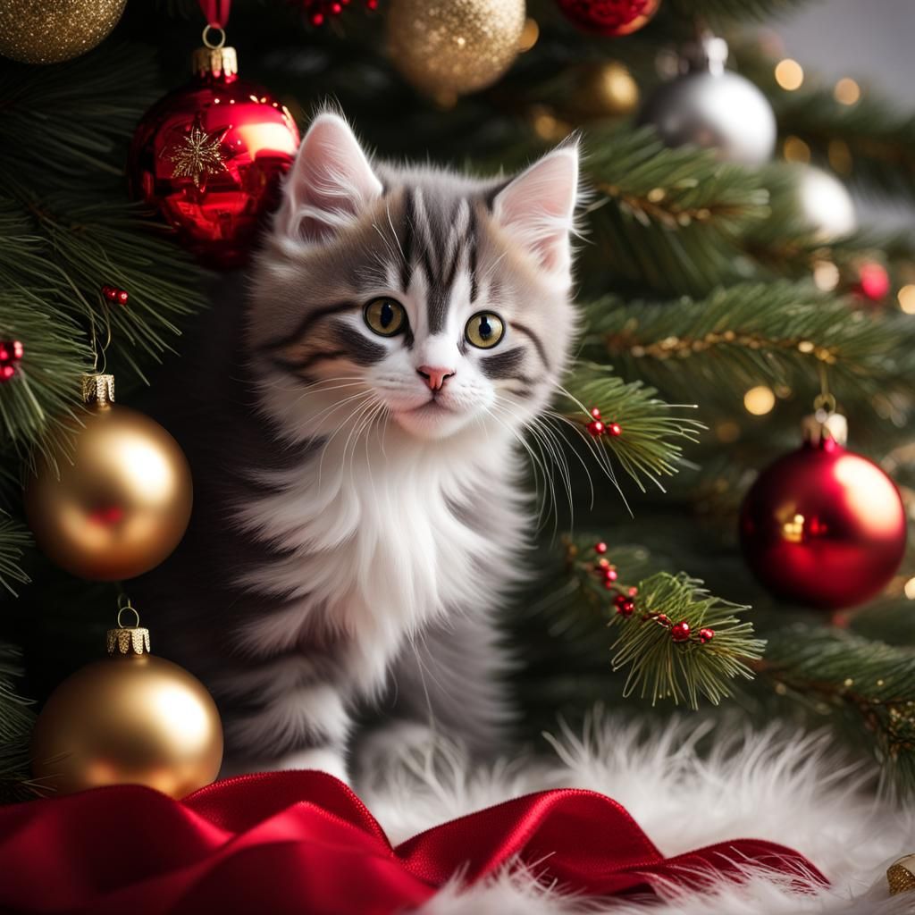 Kitten Playing in Christmas Tree with Ornaments