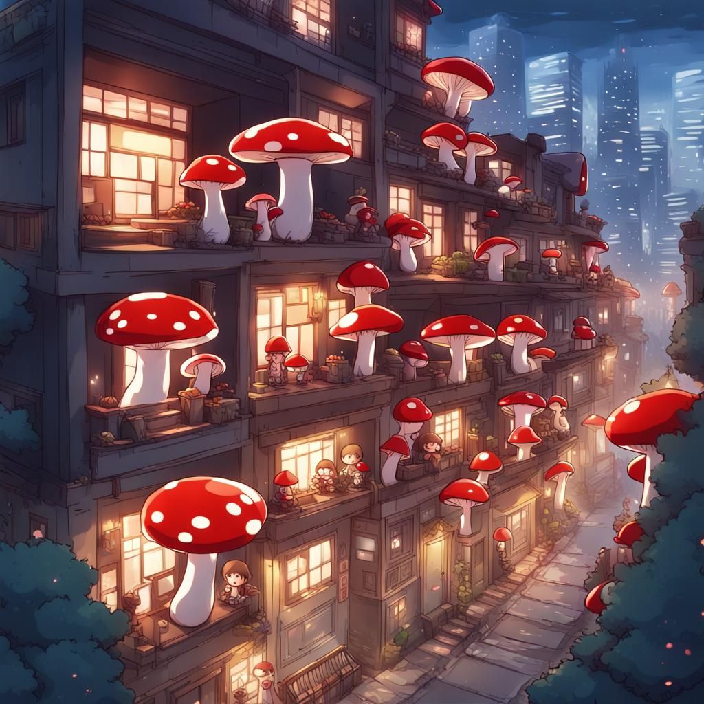 Whimsical Mushroom City in Anime Style