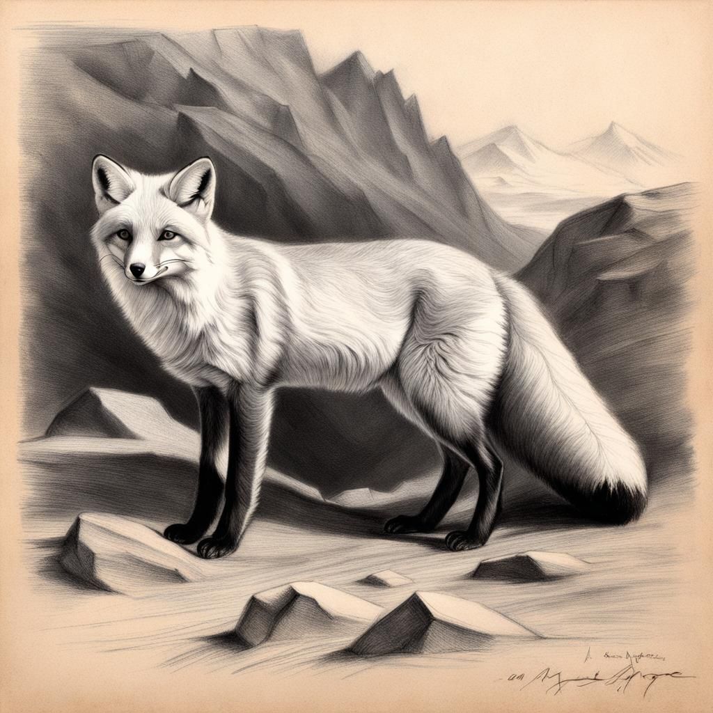 Arctic Fox Charcoal Drawing in Natural Setting