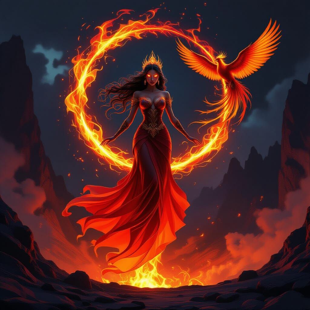 Majestic Fire Queen Above Volcanic Crater in Epic Fantasy St...