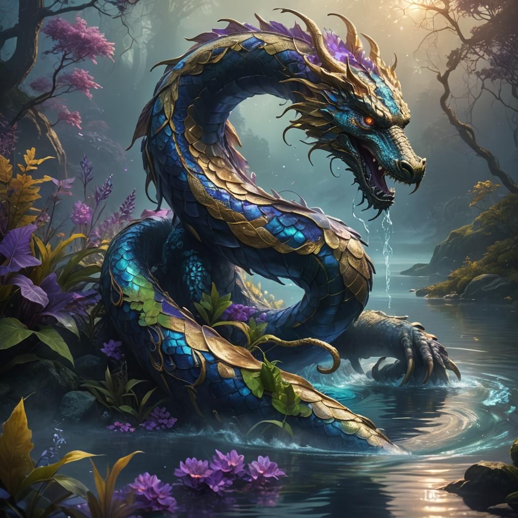 Mystical Serpent Emerges from Misty Lake