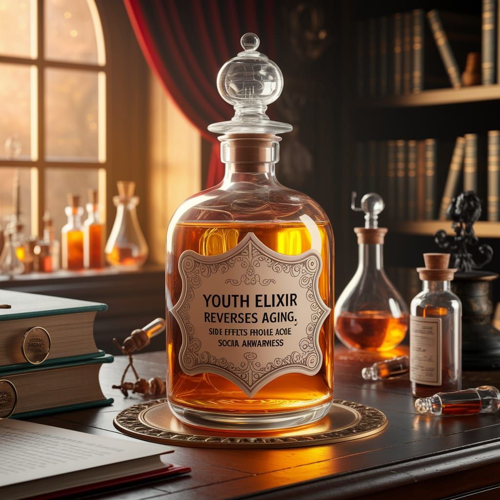 Enchanted Youth Elixir Bottle with Whimsical Warning