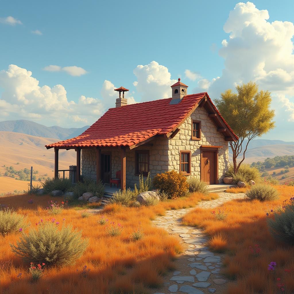 Rustic House with Red Roof in Fantasy Landscape