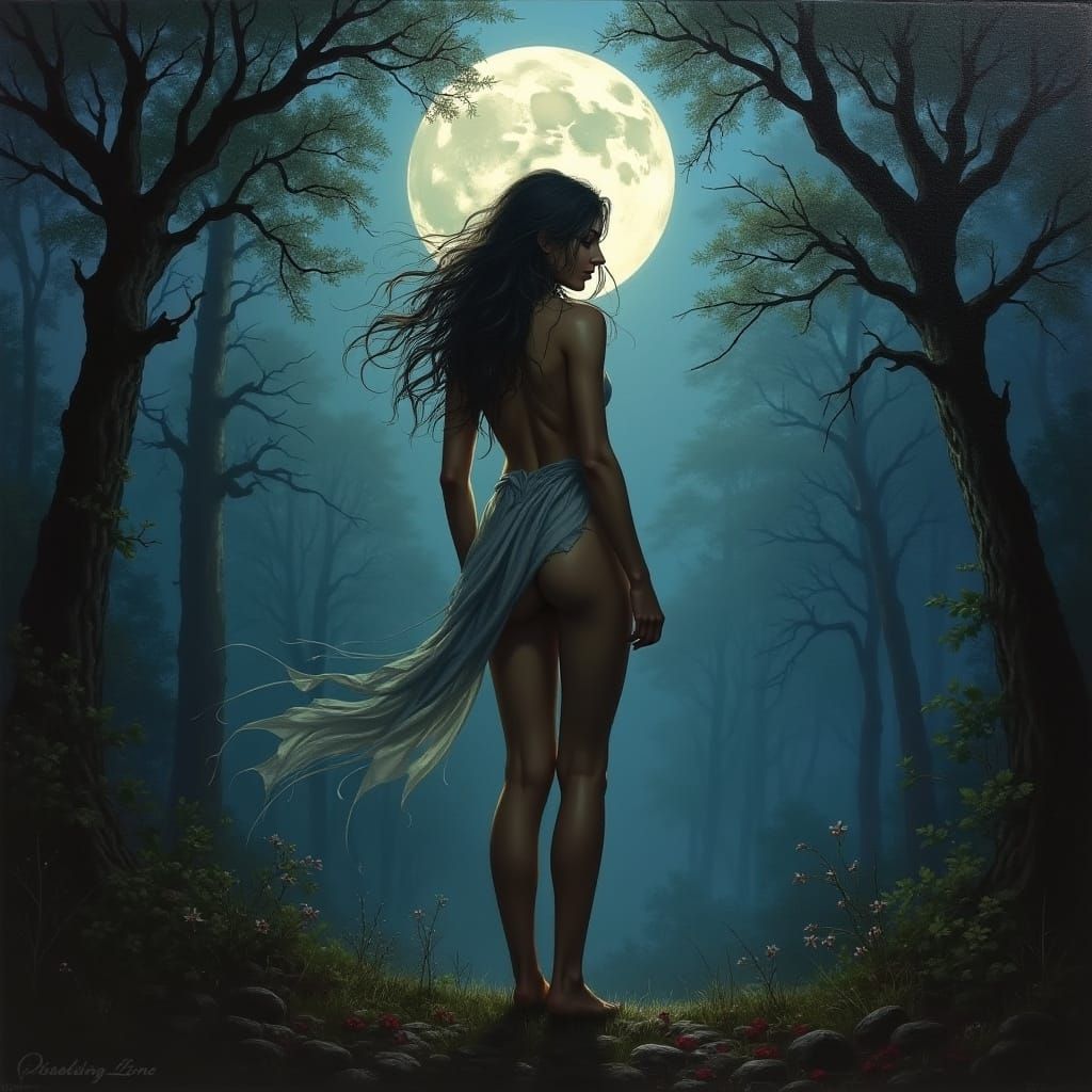 Goddess in Moonlit Woods Oil Painting