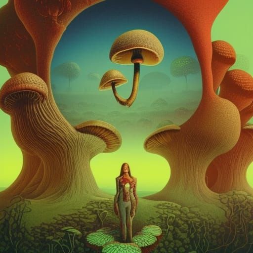 Surreal Mushroom Head Portrait in Biomorphic Style