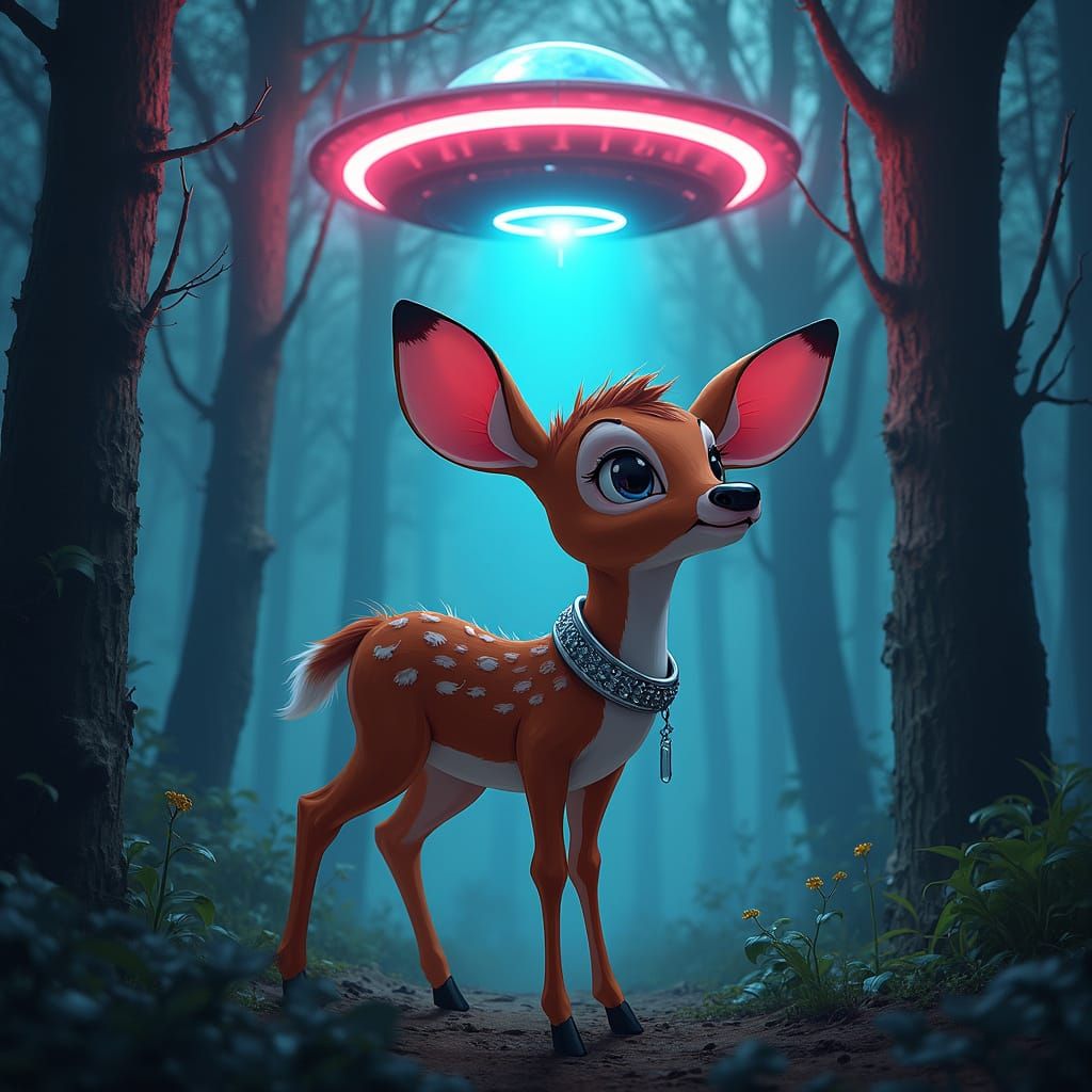 Bambi Spotting a UFO in Retro Sci-Fi Style