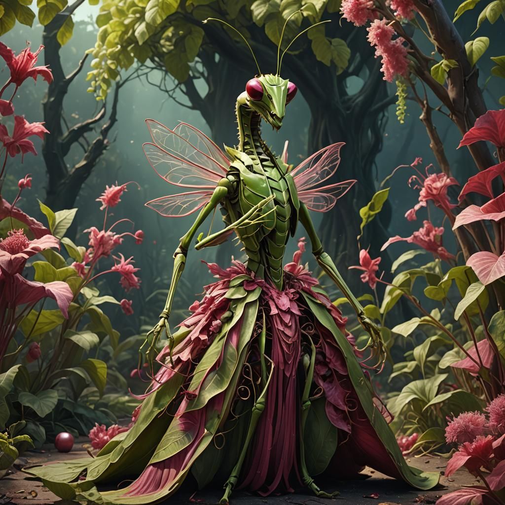 Praying Mantis in Rhubarb Gown: Fantasy Art