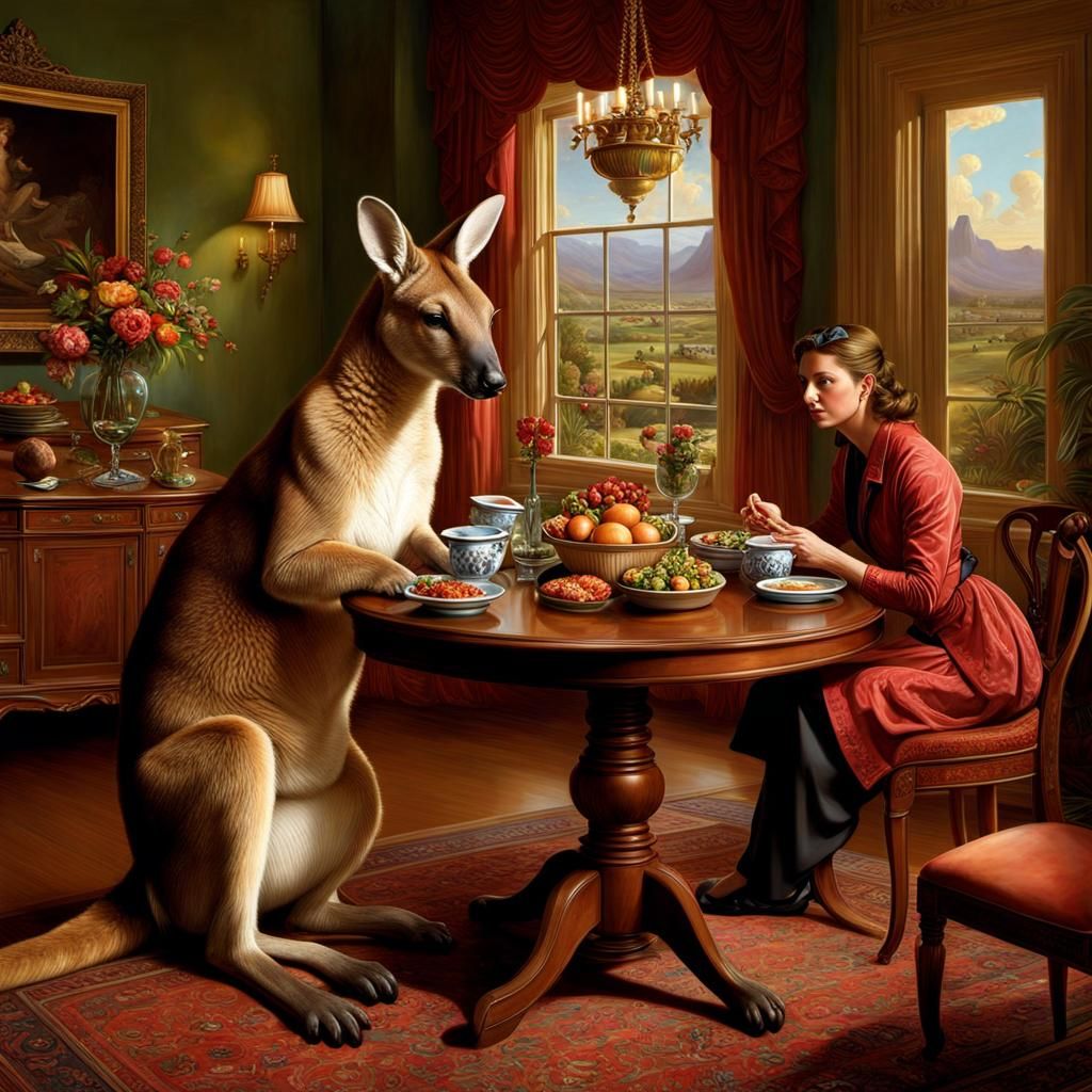Woman Dines with Kangaroo: Hyperdetailed Digital Rendering
