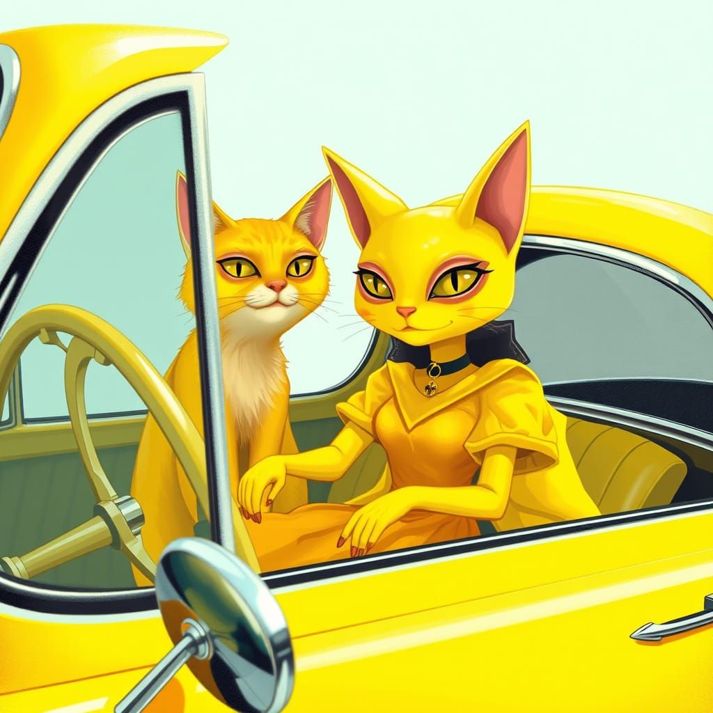 Yellow Cat and Alien in Vintage Car
