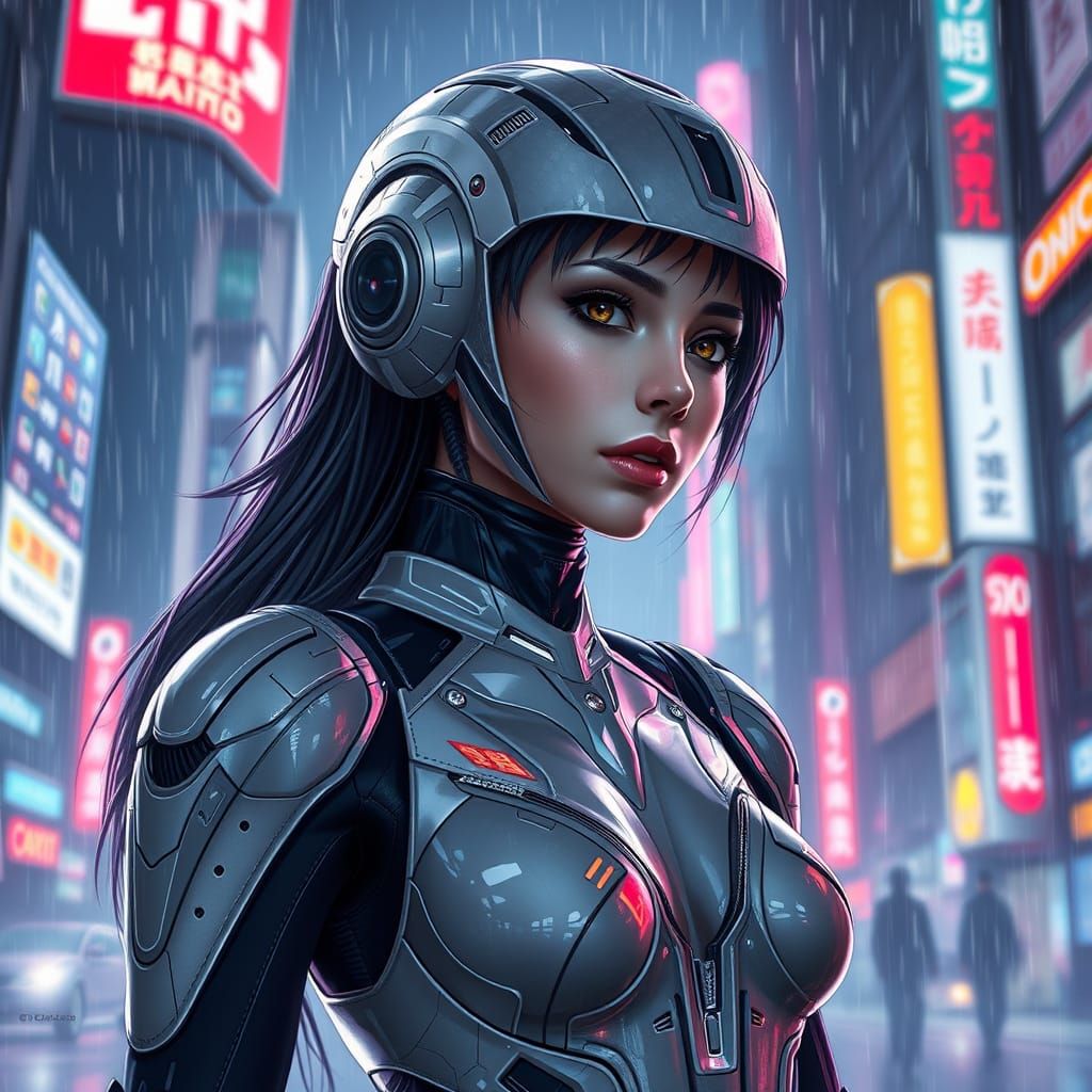 Android in Neo-Tokyo Thunderstorm: Hyperrealistic Cyberpunk