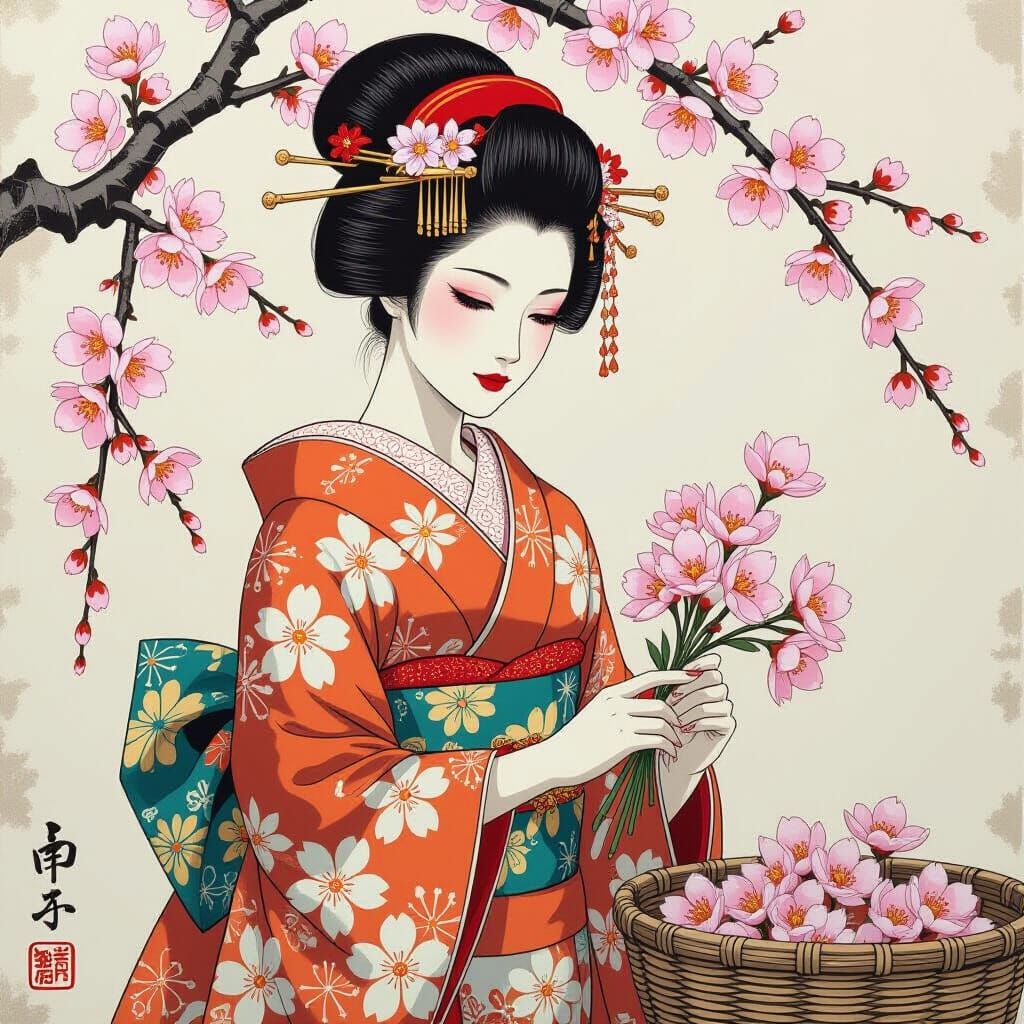 Woman Sells Flowers in Cherry Blossom Market