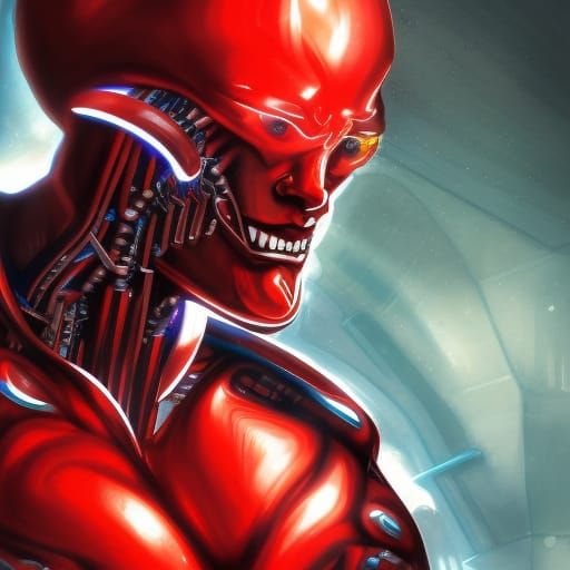Evil Red Cyborg Supervillain: Hyperrealistic Concept Art