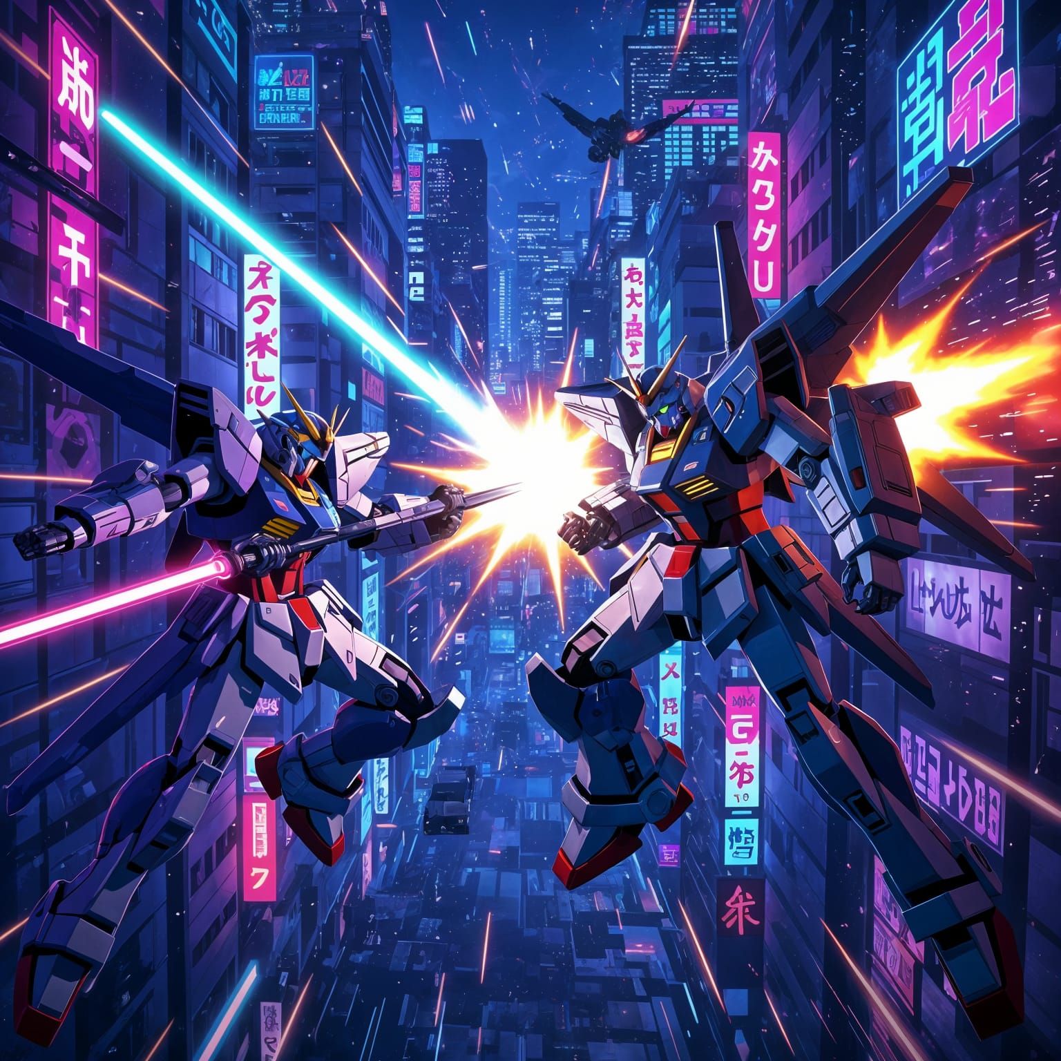Mecha Anime Duel Above Neon Cyberpunk City